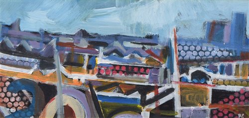 Lot 391 - Peter Stanaway, "Overlooking Oldham", oil.