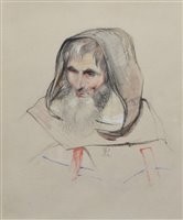 Lot 304 - English School, 19th century,  Portrait of an elderly man wearing a cowl, watercolour.