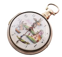 Lot 41 - Georgian silver pair case pocket watch with painted Dutch scene to dial