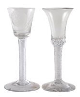 Lot 181 - Jacobite wine glass engraved with rose and buds, also one other glass (chipped feet)