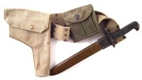 Lot 222 - US M1 Garand SWI bayonet and scabbard dated 1943 with belt, US ammo pouch and a holster.