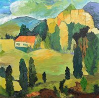 Lot 199 - Julie Forrester, Cottage in mountainous landscape, oil on board.
