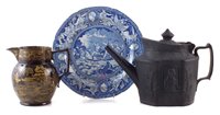 Lot 42 - Black basalt Nelson commemorative teapot, also a treacle glazed jug and a blue and white plate