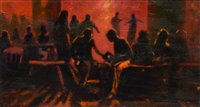 Lot 196 - David Barrow, "Record collectors by the Dance Floor in Wigan Casino", oil.