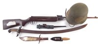 Lot 289 - A collection of items, German type helmet, 22 air rifle, No. 4 bayonet trench art knife, sabre
