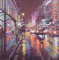 Lot 217 - David Farren, "Heavy Rain Reflections, Deansgate", oil.