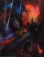 Lot 250 - David Wilde, "Memories of the Levenshulme Blitz: In God We Trust", acrylic.