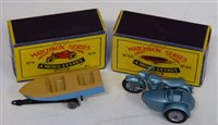 Lot 59 - Matchbox Series 48 "Meteor" sports boat and trailer, Matchbox Series 4 Triumph 110 and sidecar (new model), both complete with boxes.