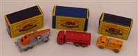 Lot 86 - Matchbox Series 28 Bedford Compressor truck, Series 11 red petrol tanker, Series 30 German crane (new model).