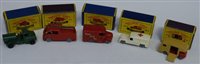Lot 73 - Series 35 Marshall MK 7 horse box, Series 14 Daimler ambulance, Series 71 army water truck, Series 9 fire escape (Merryweather Marquis Series III) and Series 47 one ton Trojan Brooke Bond Tea van,...