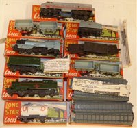 Lot 93 - Quantity Lone Star loco's boxed items, including U.D. tank wagon, track, diesel shunter, goods trucks, large tank loco, flat trucks, Gresley loco tender and American diesel.