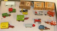 Lot 76 - Quantity unboxed Matchbox items, two Gypsy caravans, roller, dump truck, horse drawn milk cart, caravan, two boxed Charbers vehicles and Benbros AA motorbike.