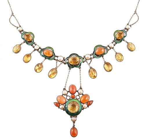 Lot 140 - Early 20th century Arts & Crafts silver, enamel and semi-precious stone set drop pendant fringe necklace