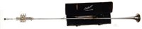Lot 345 - Hawkes & Son fanfare trumpet or aida, with pipes for keys C, D, Eb with mouth piece and case, serial 43977 157cm max length