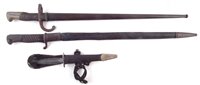 Lot 182 - French Gras rifle bayonet and scabbard,  Mauser bayonet and a commando style knife