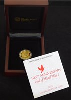 Lot 9 - Perth Mint, 100th Anniversary End of World War I, Twenty Five Dollars, 2018, 1/4 oz gold proof coin.