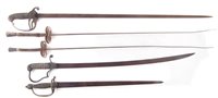Lot 195 - Three mid 19th century sabres, one with a saw back, also two fencing foils