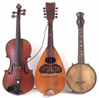 Lot 24 - Violin with case and bow, bowl back mandolin, banjolele