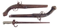 Lot 4 - Pair of decorative flintlock pistols and a Lebel rifle bayonet