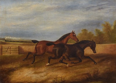 Lot 441 - James Clark, Horses in a field, oil.