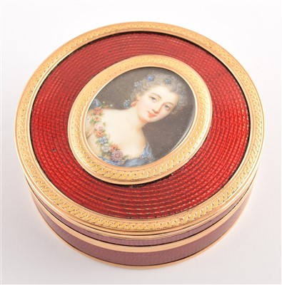Lot 19 - French 18ct gold and enamel round powder box with portrait miniature on ivory