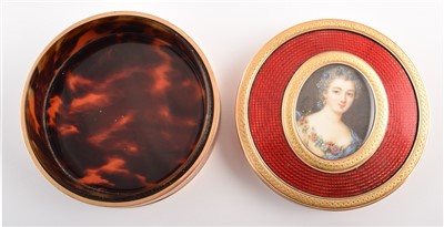 Lot 19 - French 18ct gold and enamel round powder box with portrait miniature on ivory