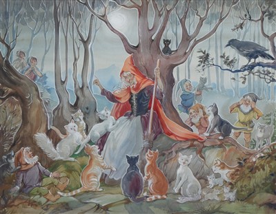 Lot 403 - Patience Arnold, "The Singing Cats", watercolour.