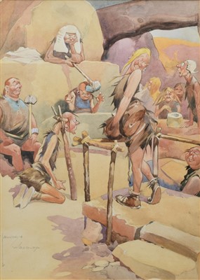Lot 401 - Lawson Wood, Humorous prehistoric court scene, watercolour.