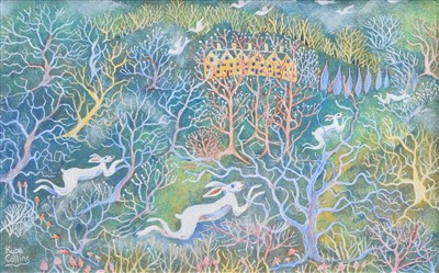 Lot 405 - Kate Collins, "Cottages and Hares", tempera.