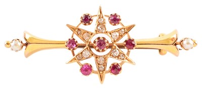 Lot 35 - Victorian/Edwardian ruby and diamond star burst cluster 15ct gold bar brooch