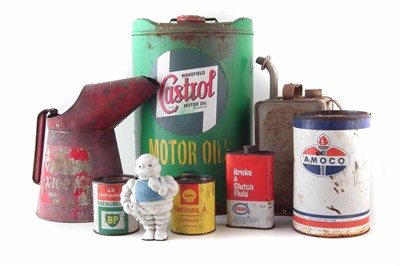Lot 211 - Castrol Motor Oil 5 gallon drum, Shell oil can, plastic Bibendum Michelin Man etc.
