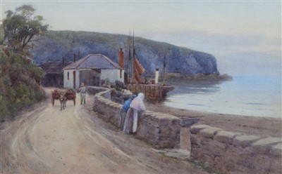 Lot 434 - Warren Williams, Coastal road with figures, watercolour.
