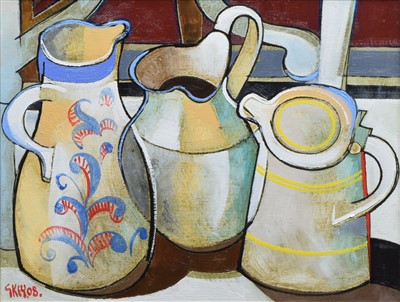 Lot 374 - Geoffrey Key, "Three Jugs", oil.