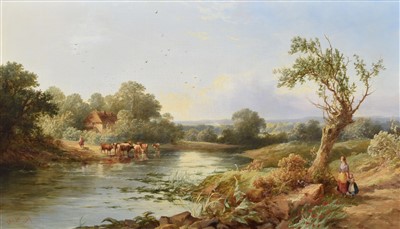 Lot 449 - J. Wilson, 19th century, River landscape with figures on the riverbank and cattle watering, oil.