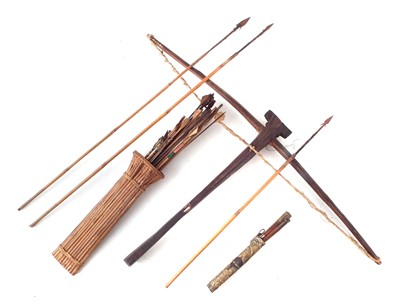 Lot 173 - Tibetan knife and chopstick set, a crossbow and arrows and three other arrows.