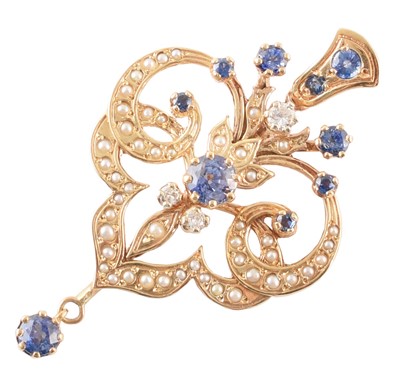 Lot 72 - Edwardian style 9ct pearl sapphire pendant.