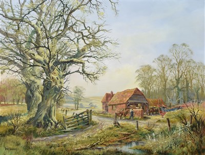 Lot 329 - Don Vaughan, Rural scene with farmstead, horses and figure, oil.