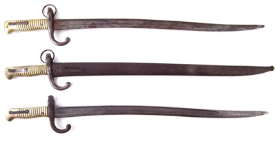 Lot 108 - Three 1866 Chassepot Bayonets, one with scabbard