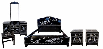 Lot 485 - Chinese black lacquered bedroom suite.