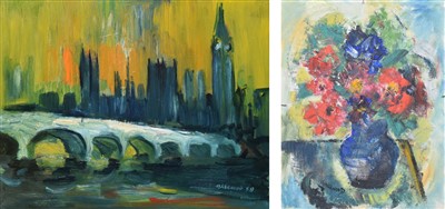 Lot 369 - J. L. Isherwood, "The Houses of Parliament" and floral still life on verso, oil (double sided).