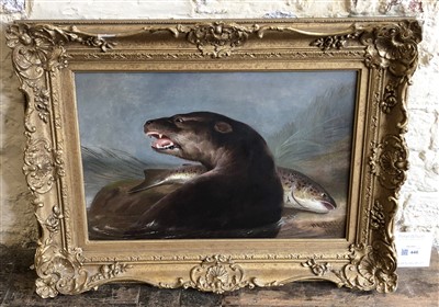Lot 446 - H.L. Rolfe, 19th century, Otter with fish, oil.