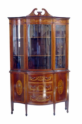 Lot 491 - Late 19th century serpentine front, glazed display cabinet by Edwards & Roberts.