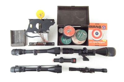 Lot 275 - Four telescopes, knock down target, collection of pellets and a pellet stop
