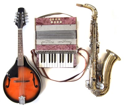 Lot 94 - Godman left hand mandolin,  Indiana by Marlin saxophone and an accordion