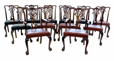 Lot 501 - Twelve Chippendale design mahogany framed dining chairs.