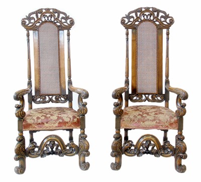 Lot 498 - Pair of 19th century Continental walnut framed open arm chairs.