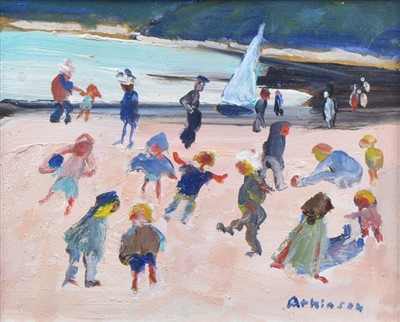Lot 399 - Sue Atkinson, "Children on the beach, Runswick Bay", oil.
