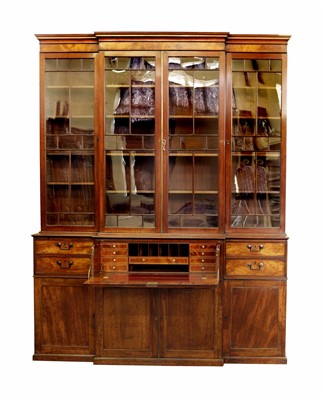 Lot 492 - George III mahogany breakfront secretaire bookcase.