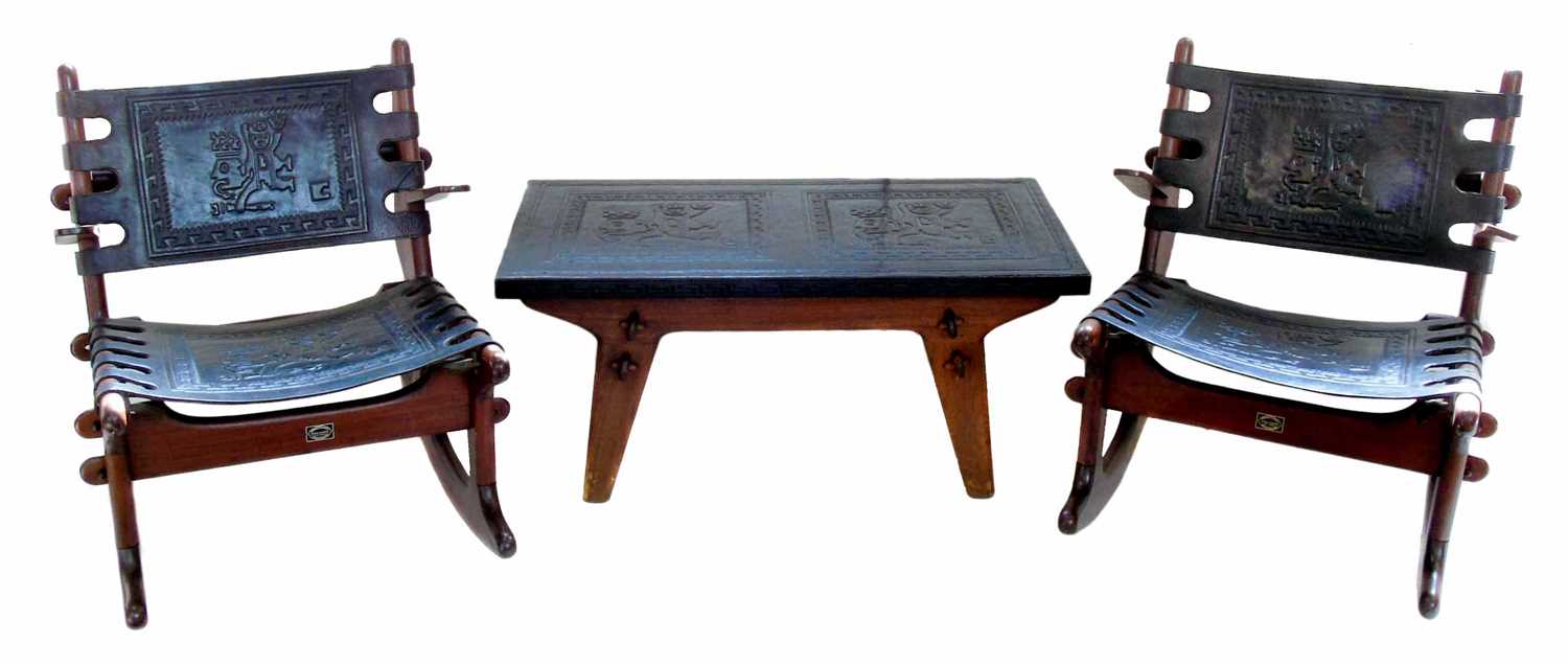 515 - Mid 20th century South American coffee table and two rocking chairs.