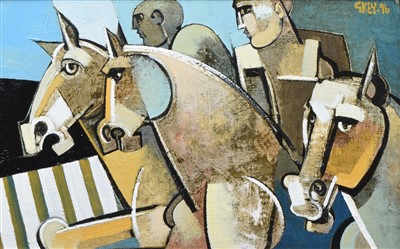 Lot 355 - Geoffrey Key, "Neck and Neck", oil.
